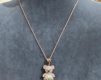 Dainty Neon Green Teddy Bear Pendant, Puffed Gummy Pear Statement Necklace, 925 Solid Silver, CZ Cute Pendant, Love Care Symbol Pendant