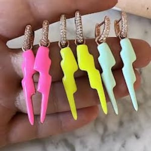 Pink Enamel Dangling  Lightning Huggie Hoop Earrings, Yellow Enamel Charm Earrings Pave Cz Huggie Hoop Earring, 925 Solid Silver Flash Charm