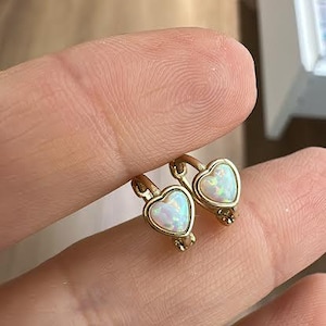 Heart Huggie Hoop Earrings, Daith Rook Piercing, 925 Solid Silver, pearl Heart Hoop, Helix Piercing, Cartilage Earrings, Opal Heart earrings