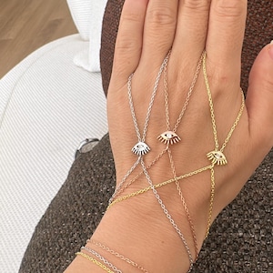 Pulsera de cadena de mano con forma de ojo malvado, pulsera de cadena esclava con forma de ojo malvado, plata maciza 925, pulsera de anillo de eslabones, pulsera de dedo de oro, joyería de boda bohemia