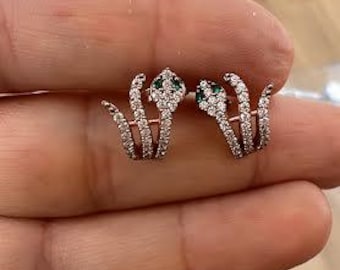 925 Sterling Silver Gold Plated Snake Earrings with Green Zircon , Minimalist Serpent Stud Earrings , Elegant Statement Jewelry