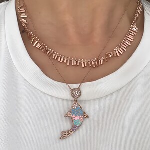 Pink Blue Enamel Fish Pendant Necklace, Animal Statement Necklace, 925 Solid Silver, CZ Cute Pendant, Good Luck Necklace, Handmade Necklace