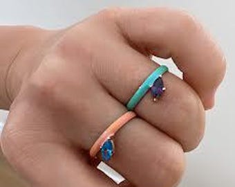 925 Sterling Silver Enamel Ring with Marquise Cut Gemstone, Colorful Stackable Ring, Minimal Silver Ring, Gift for Her