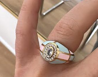 Pastel Color Enamel Ring, Mint Gren Pink Enamel Ring, 925 Solid Silver Signet Ring, Enamel Ring, CZ Oval Checker Band Ring, Gift for Her