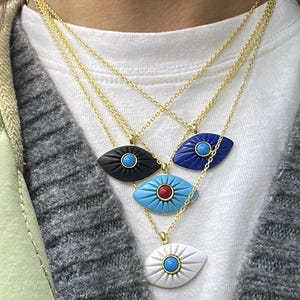 Evil Eye Charm Necklace, Turquoise Cz Evil Eye Necklace, Black Enamel Necklace, 925 Sterling Silver, Protection Necklace, Handmade Necklace