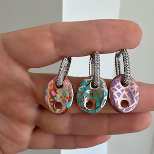 Mariner Chain Multicolor Enamel Dangle Drop Earrings, U Shape Huggie Hoop Earrings, 925 Solid Silver, Turquoise Mariner Puff Charm Earrings
