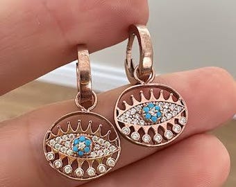 925 Sterling Silber Evil Eye Ohrringe, Türkis und Kristall Schutz Schmuck, baumeln Ohrringe, handgemachtes Geschenk für sie, spirituelle Charme
