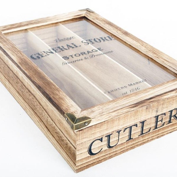 General Store Wooden Cutlery Tray With Glass Top