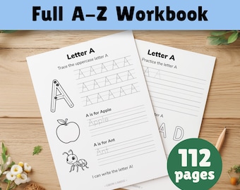 Compleet werkboek alfabet traceren A-Z | Pdf voor handschriftoefeningen voor kleuters | Activiteit fijne motoriek Montessori