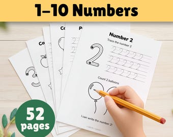 Cijfers traceren, werkbladen 1-10 voor kleuters, voorbereiding op de kleuterschool, pdf-bestand met rekenactiviteiten, oefenwerkboek tellen en fijne motoriek