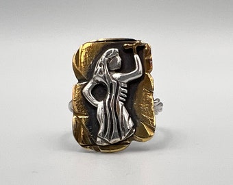 24 K Solid Gold And 925 K Sterling Silver Statement Ring Strong Amazon Women Holding Labrys Reproduction of Historical Jewels Unique Gift