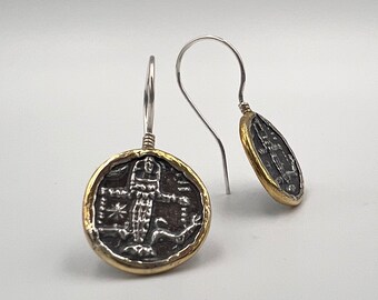 24 K Solid Gold And 925 K Sterling Silver Coin Earring,Goddess Artemis Symbol Museum Replica Earring,Historical Coin Earring,Greek Mythology