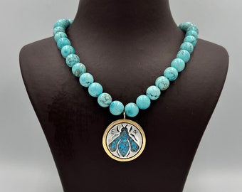 Turquoise & Lapis Lazuli Queen Bee Beaded Necklace, 24 K Solid Gold And 925K Sterling Silver Coin Necklace Greek Mythology İntaglio Necklace