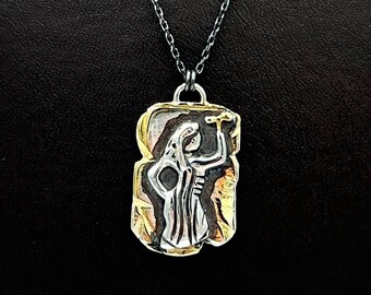 24 K Solid Gold And 925 K Sterling Silver Art Replica Pendant Necklace, Warrior Amazon Women Figures Holding Labrys Mothers Day Gift For Mom