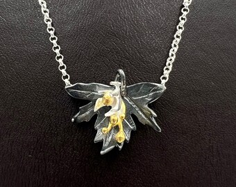 Pilemon and Baukis Story 24 K Gold And 925 K Silver Necklace, Greek Mythology Pendant, Linden And Plane Tree Leaves Figures Silver Jewelry