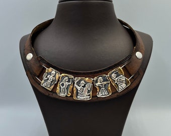 24 K Solid Gold And 925 K Sterling Silver Historical Bib Necklace with Warrior Amazon Women Figures on Brown Vaketa Leather Mothers Day Gift