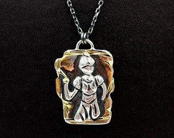 24 K Solid Gold And 925 K Sterling Silver Historical Pendant Necklace, Warrior Amazon Women Figures Holding Mace Mothers Day Gift for Lover