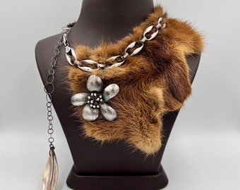 Genuine Fox Fur, Daisy Sterling Silver Bib Necklace. Special Production Handmade Brown Fur, Silver Chain And Silver Floral Necklace
