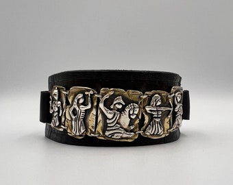 24 K Solid Gold And 925 Sterling Silver Mythological Cuff Bracelet with Warrior Amazon Women Figure on Brown Vaketa Leather Mothers Day Gift