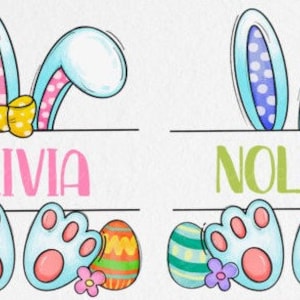 May include: Two personalised Easter signs featuring bunny ears, paw prints and colourful eggs. The top sign reads "OLIVIA" and the bottom sign reads "NOLAN".
