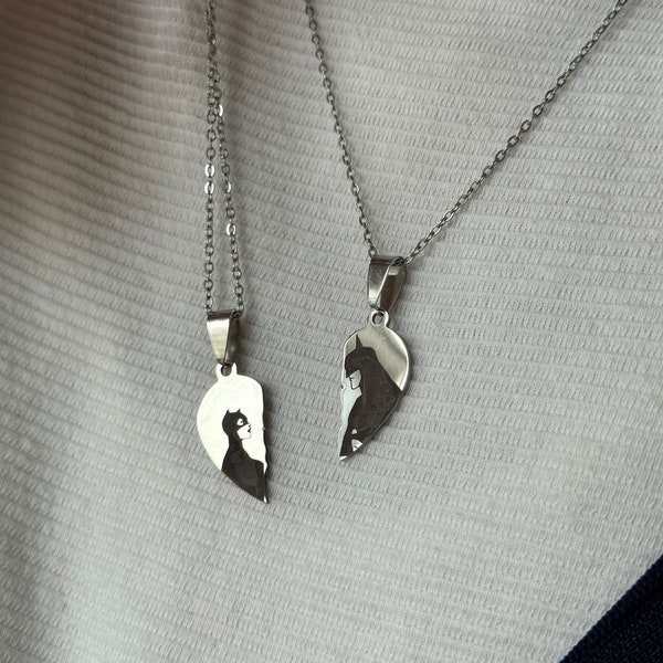 Stainless Steel Bat & Cat Matching Heart Necklaces