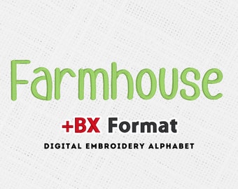 Broderialfabet med lantliga teckensnitt - direkt nedladdning, 6 storlekar, BX PES + 8 format inkluderade, handskrivet teckensnitt, maskinbroderi