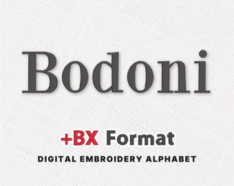 Bodoni-borduurlettertype - BX-lettertypen · Elegant alfabet voor machine · Moderne serifletters · Borduurwerk kleine lettertypen · 7 maten BX PES + 8 formaten