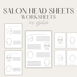 May include: A collection of salon head sheets and worksheets for stylists. The sheets feature line drawings of various head shapes and hair styles, with space for notes. The text "SALON HEAD SHEETS WORKSHEETS For Stylists" is at the top.
