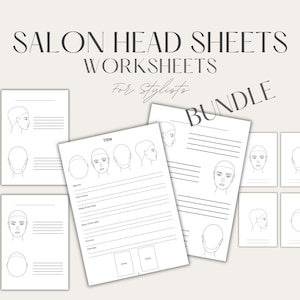 May include: A bundle of white worksheets for stylists, featuring line drawings of faces and head shapes. The text "SALON HEAD SHEETS WORKSHEETS For Stylists BUNDLE" is displayed in a stylish font. The worksheets include sections for recording hair styling details.