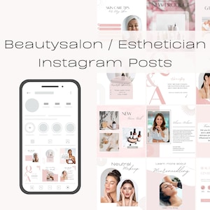 以下が含まれることがあります： 美容室またはエステティシャンのためのInstagram投稿のコラージュ。投稿には、スキンケア製品、フェイシャル、メイクアップの画像が掲載されています。投稿のテキストには、「スキンケアのヒント」、「新製品」、「プレゼント」、「ニュートラルメイク」、「マイクロニードリングについて詳しく知る」などのフレーズが含まれています。