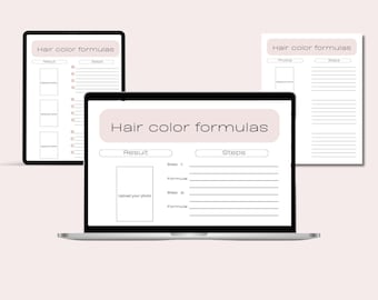 Könnte beinhalten: Eine digitale Planervorlage für Haarfarbenformeln. Die Vorlage enthält Abschnitte für das Ergebnis, die Schritte und die Formel. Sie enthält einen Platz zum Hochladen eines Fotos des Haarfarbergebnisses.