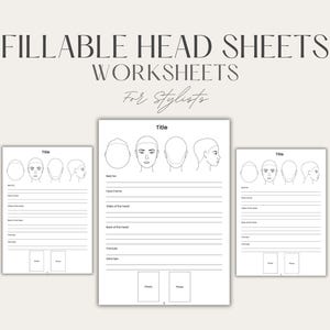 以下が含まれることがあります： スタイリスト向けの、顔と頭の形を描いた白の記入可能なヘッドシート。画像上部には「FILLABLE HEAD SHEETS WORKSHEETS For Stylists」の文字。各シートにはメモと写真用のスペースがあります。