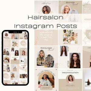 以下が含まれることがあります： 美容院のInstagram投稿のコラージュ。投稿には、ブロンド、バレイアージュ、カールなど、さまざまなヘアスタイルの女性の写真が掲載されています。投稿には、サロンのサービス、製品、チームに関するテキストも含まれています。