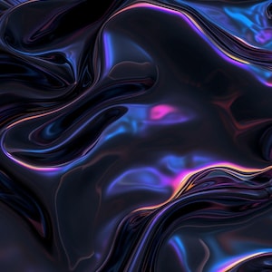 May include: Abstract digital art featuring a dark, flowing, liquid-like substance. The surface reflects vibrant colors, including shades of purple, blue, and orange, creating a dynamic and iridescent effect. The image has a glossy, polished appearance.