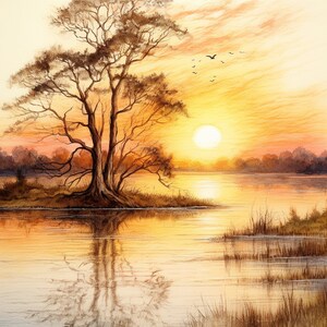 Landschapskunst, prachtige potlood-/waterkleuren, digitale kunstprint, 16 x 20 hoge kwaliteit PNG gratis formaat wijzigen na elke aankoop