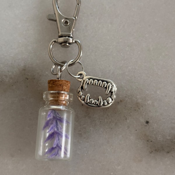 Handmade Vampire Diaries Vervain in bottle charm for bags, keychains, or lanyards. Vampire Fangs charm. Mystic Falls Gifts, TVD gifts