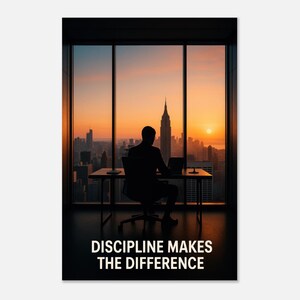 Poster opaco premium "Focused Sunrise Power Office Vibes", lussuosa decorazione da parete motivazionale per ufficio moderno, mentalità di successo verticale