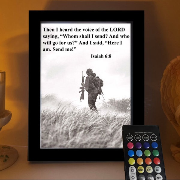 Light Up Isaiah 6:8 Bible verse with soldier | 3D Printed Picture Frame | Remote Control LED Light up photo | Multiple Colors/brightness