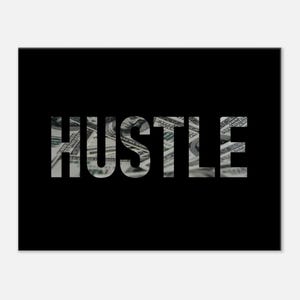 May include: Black background with the word "Hustle" in white letters. The letters are filled with a pattern of US dollar bills.