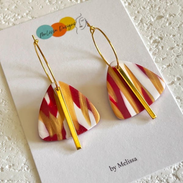 Red Earring Stocking Stuffer Idea Christmas Gift Women Handmade Jewelry Triangle Marble Pattern Dangle Lightweight Artisan Statement Earring
