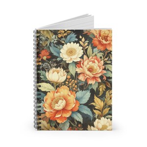 Vintage Inspired Floral Spiral Notebook Elegant Botanical Journal Retro Garden Stationery Gift for Women Flowers Illustrated Black Notebook