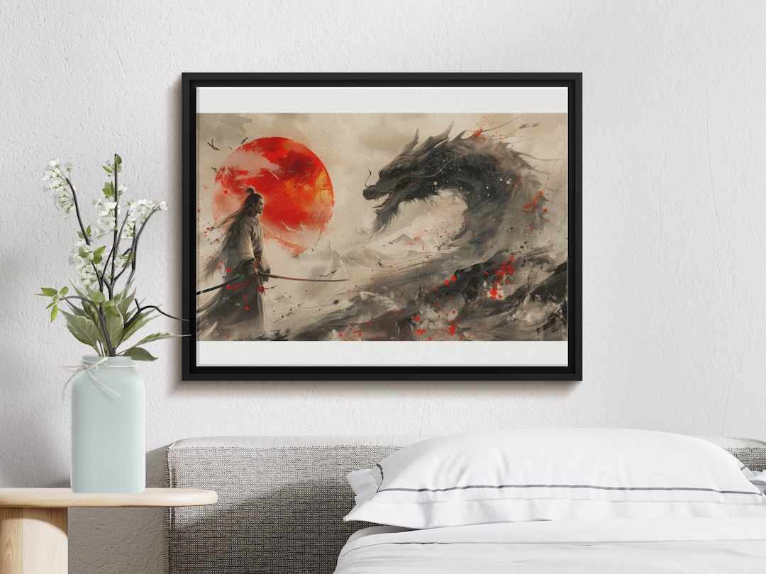 Samurai Warrior and Dragon Art Print, Japanese Mythical Battle Poster ...