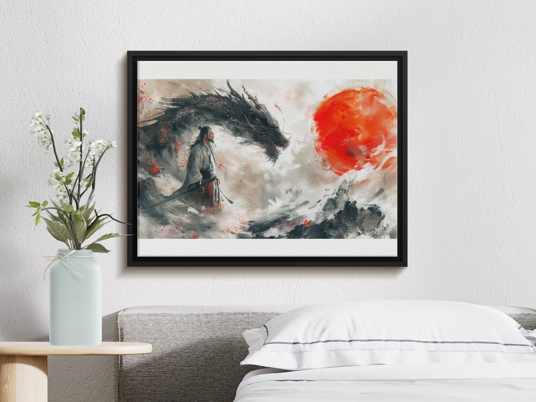 Samurai and Dragon Artwork, Red Sun Warrior Poster, Japanese Fantasy ...