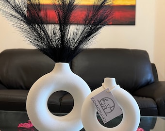 Kreis Keramikvase Set 2, matte hohle Donut Blumenvase, nordische minimalistische Kunst, Boho Style Table Decor