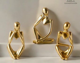 Abstract Thinker Statue Golden Set of 3 - Modern Minimalist Resin Figurine for Home & Office Decor, Contemporary Sculpture