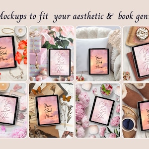 May include: A collection of eight digital tablet mockups displaying the text Your Book Here over a pink and orange sunset sky background. The images feature various decorative elements including flowers, candles, gift boxes, and cozy accessories.