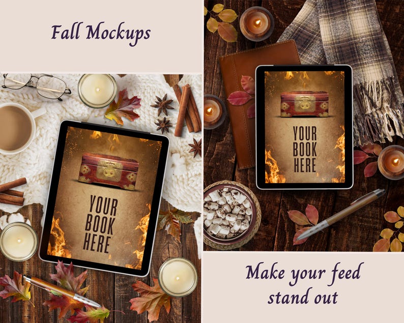 May include: A digital tablet display featuring a graphic of a wooden chest with gold hardware set against a fiery background with the text YOUR BOOK HERE, surrounded by autumn leaves, candles, cinnamon sticks, and a pen on a wooden surface.