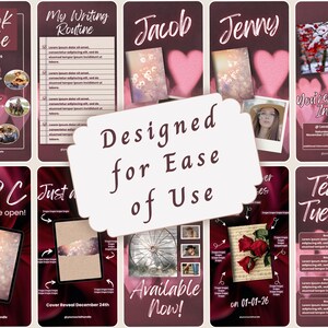 May include: A collection of digital social media templates featuring a dark maroon theme with pink heart accents, various photo placeholders, and text fields. The central overlay displays the text Designed for Ease of Use in dark script.