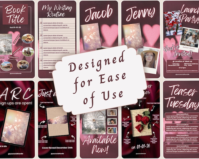 May include: A collection of digital social media templates featuring a dark maroon theme with pink heart accents, various photo placeholders, and text fields. The central overlay displays the text Designed for Ease of Use in dark script.