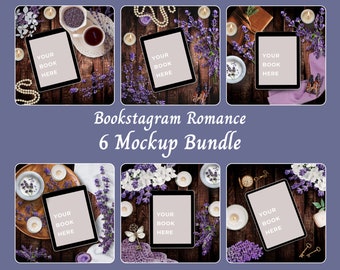 May include: A bundle of six digital tablet mockups featuring a blank screen with the text YOUR BOOK HERE, surrounded by lavender sprigs, candles, pearls, and vintage accessories on a dark wooden surface, presented as a Bookstagram Romance set.